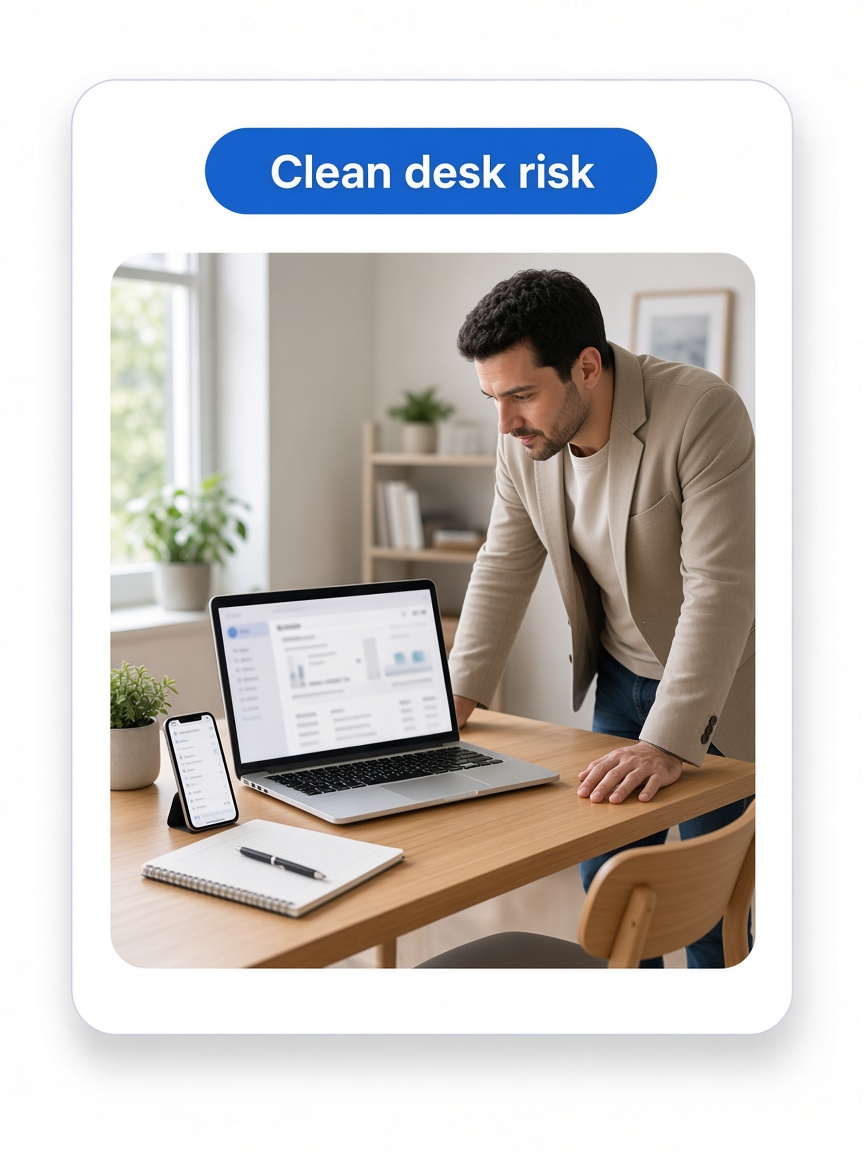 Home desk with a phone, notepad, open client screen, and an unauthorized person