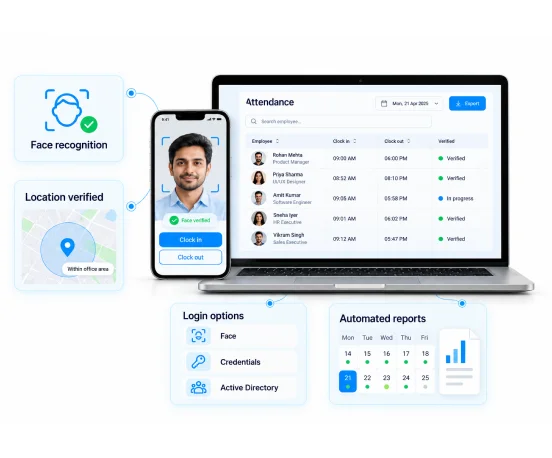 Clock in and clock out app with face recognition, location check, login options and attendance reports
