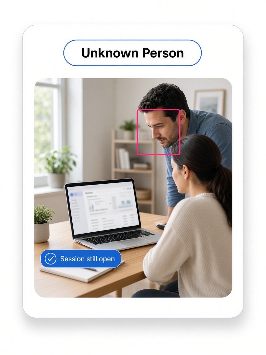 Unrecognized person looking at client data on an open work session