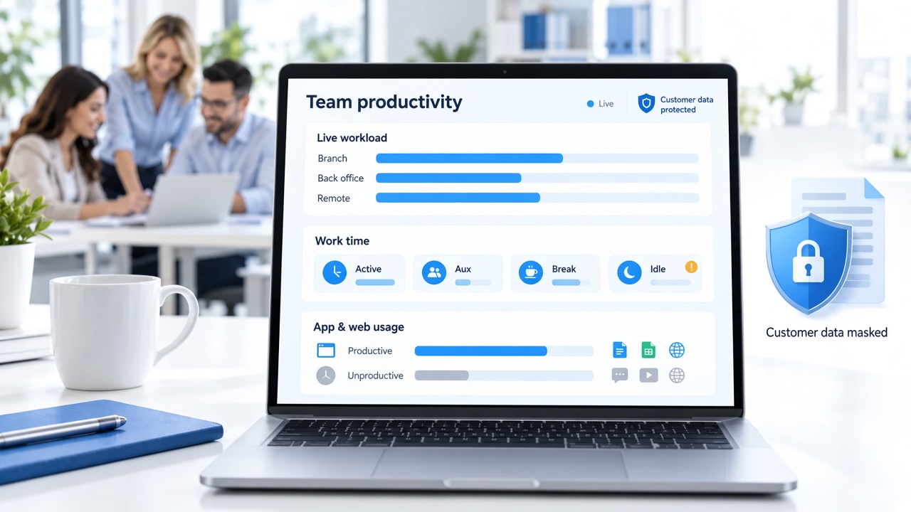 wAnywhere productivity dashboard with customer data masking left on