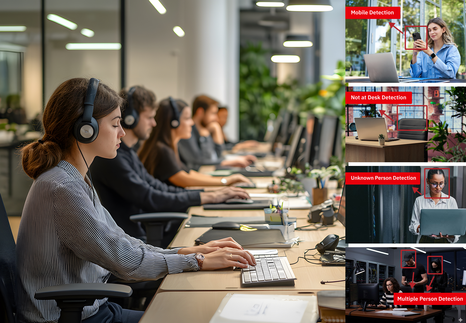 Clean desk detections for mobile devices, an empty desk, an unknown person, and multiple people