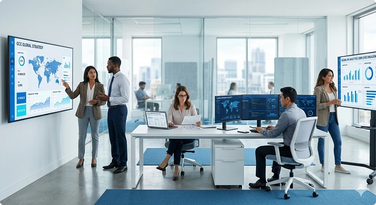 GCC team using workforce analytics dashboards in a modern global office 