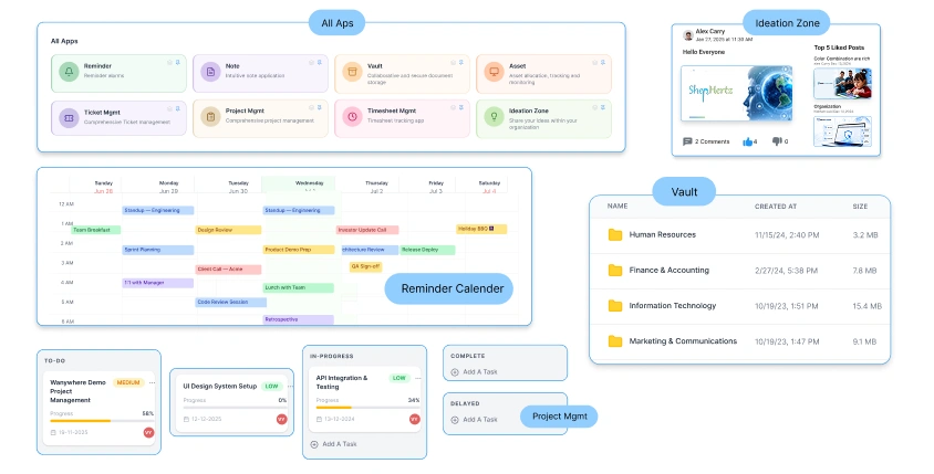 Integrated apps panel showing leave, project, and timesheet management tools 