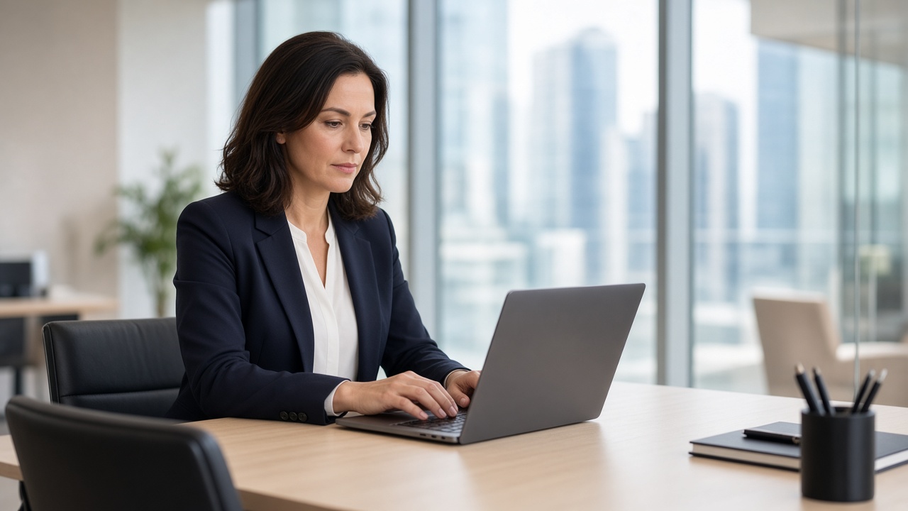 Banking professional working on a laptop in a modern office