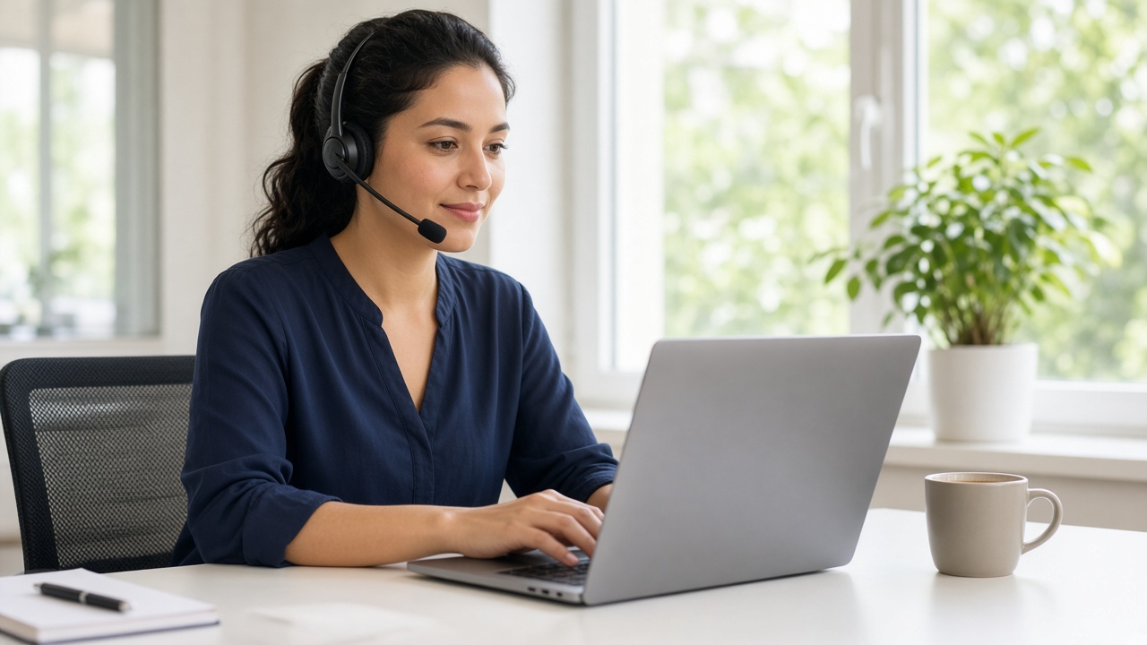 Call centre agent working with a headset at a laptop