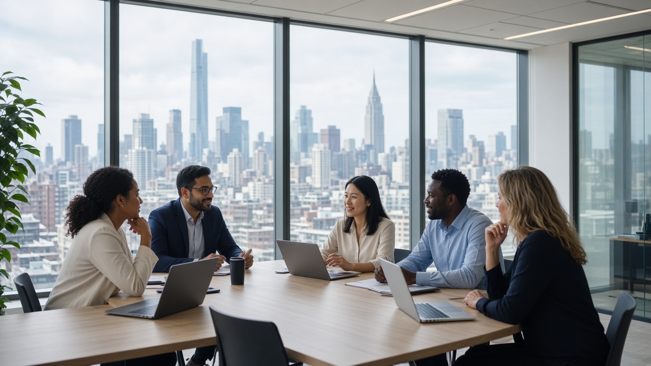 GCC team collaborating in a glass office with a city view