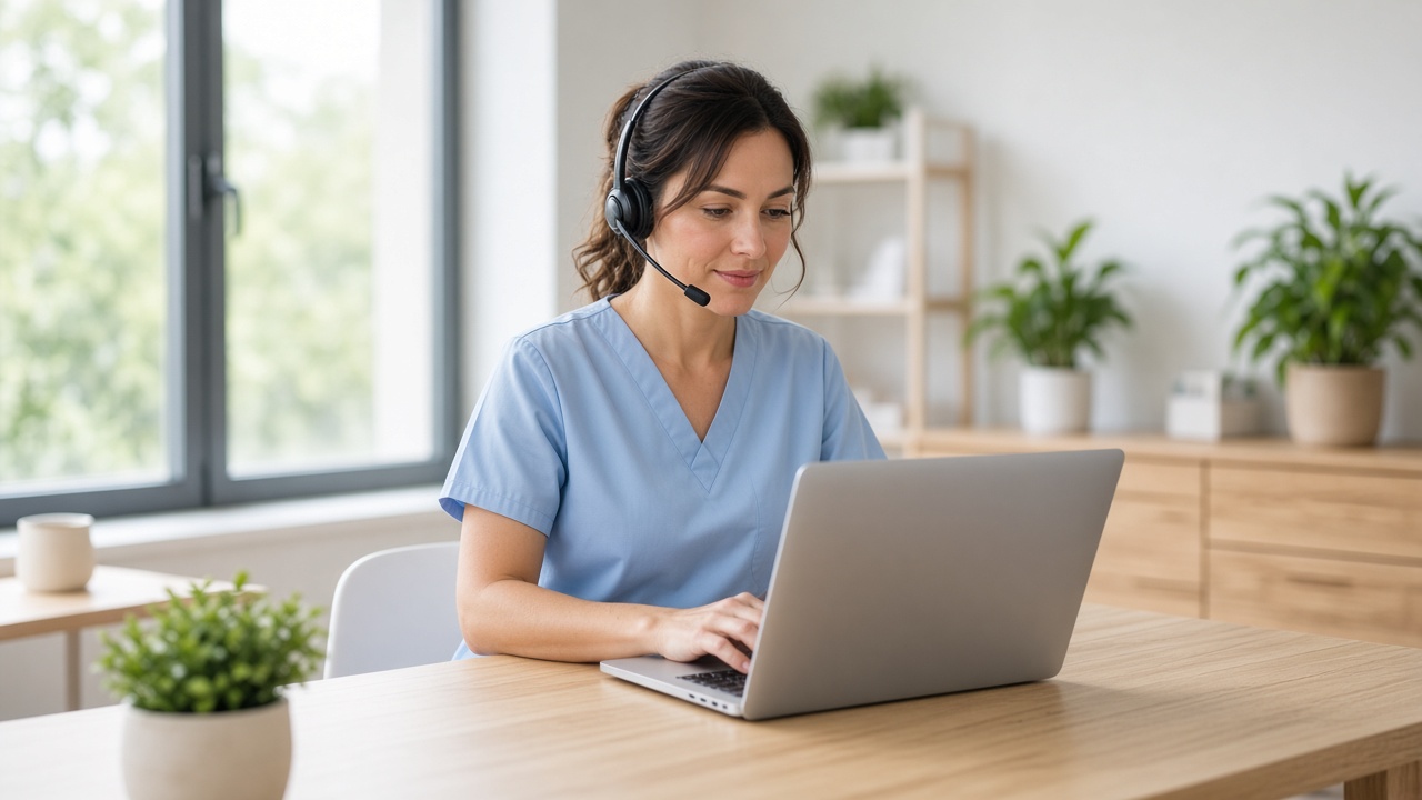 Healthcare professional at a desk with a laptop