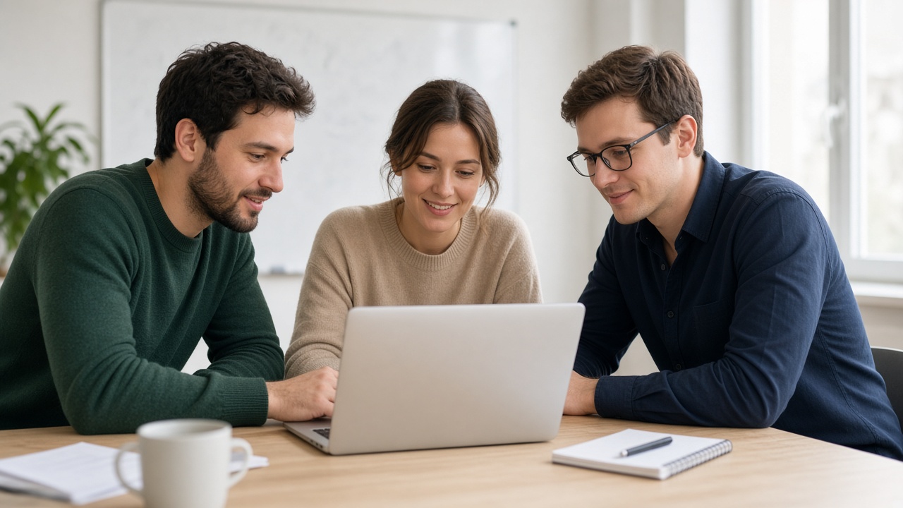 Startup team gathered around a laptop in a bright office