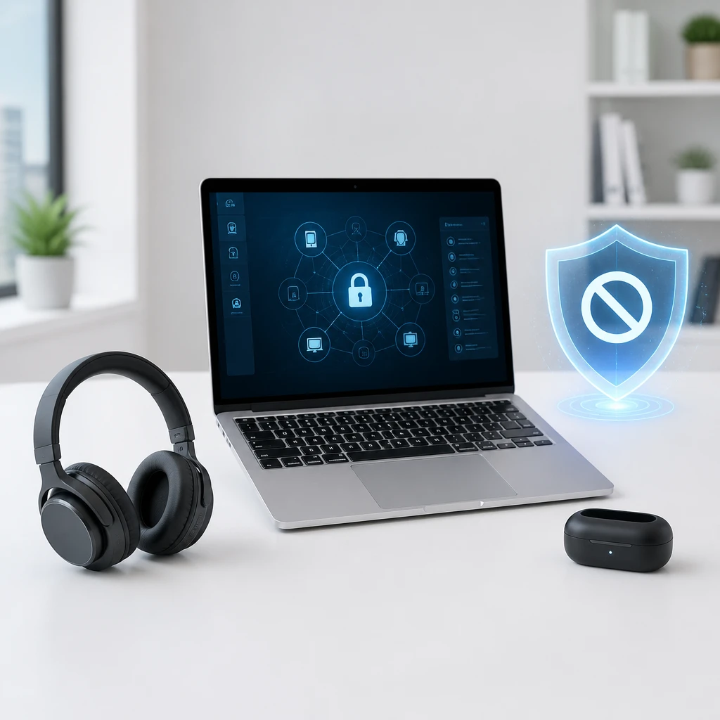 Laptop with wireless peripherals blocked by Bluetooth device control to prevent data leakage