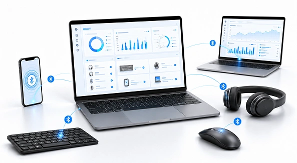 wAnywhere dashboard tracking Bluetooth pairing activity across many laptops and desktops from one screen