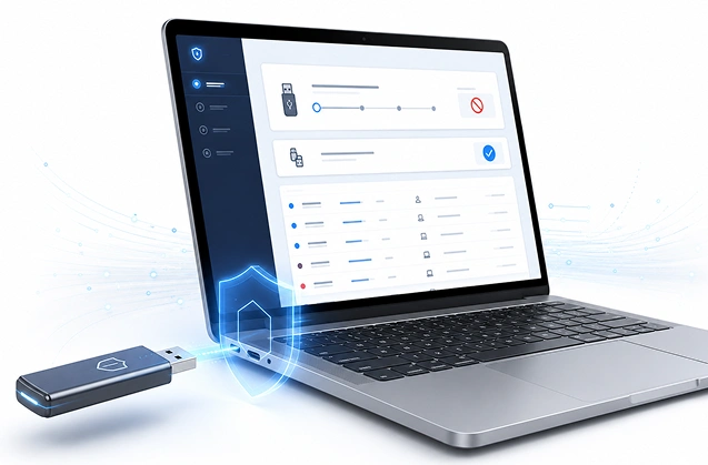 Laptop running wAnywhere USB device control, blocking unauthorized USB devices before data leaves 