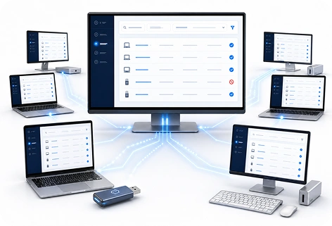 wAnywhere dashboard tracking USB activity across many laptops and desktops from one screen