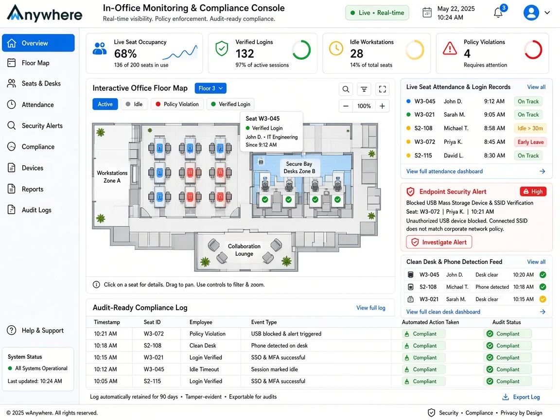 wAnywhere office monitoring console showing live seat status, endpoint controls and audit trail
