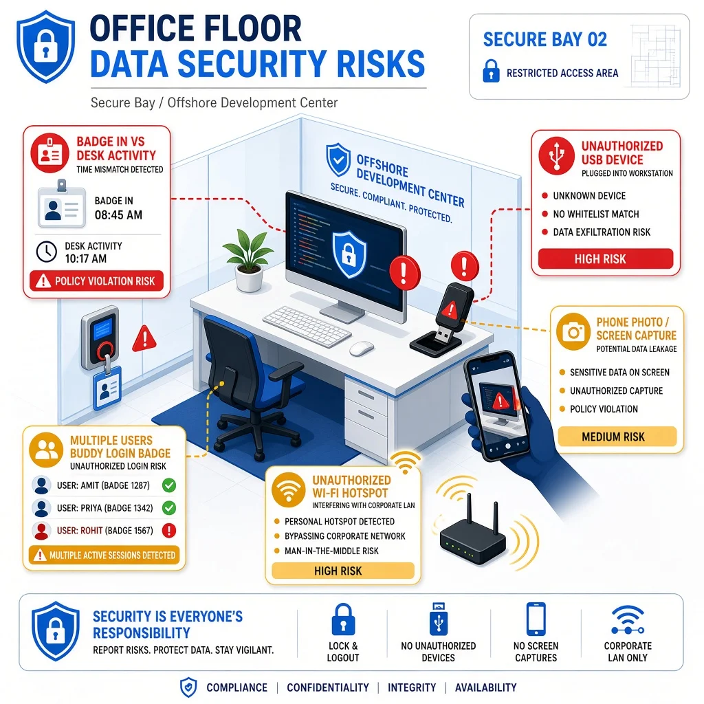 Office floor security risks across badge swipes, removable media, unapproved networks and phones at the desk