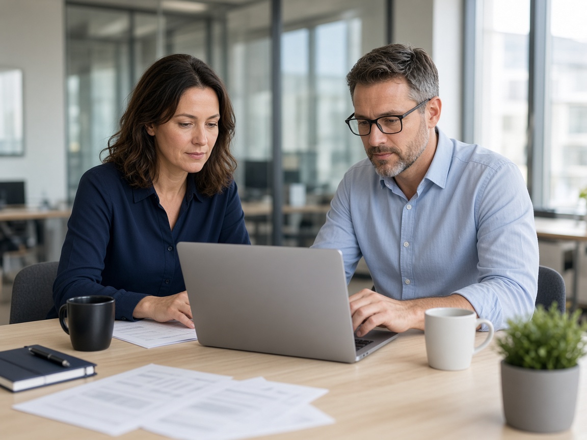 Two colleagues working together on a laptop in a modern office