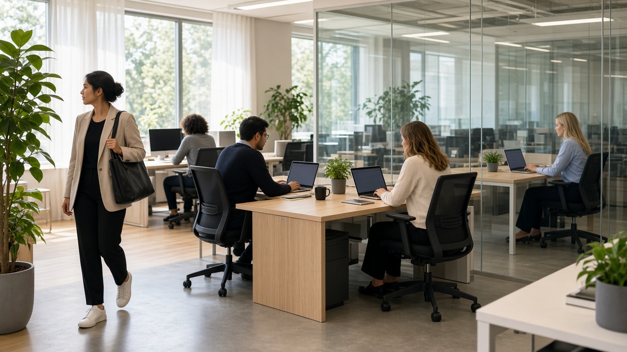 Hybrid workplace with employees at shared desks in a modern office