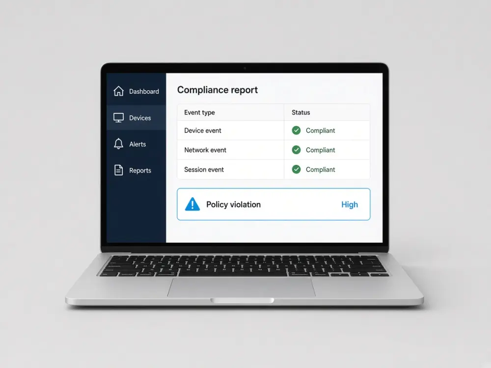 Audit evidence report with device, network and session event logs