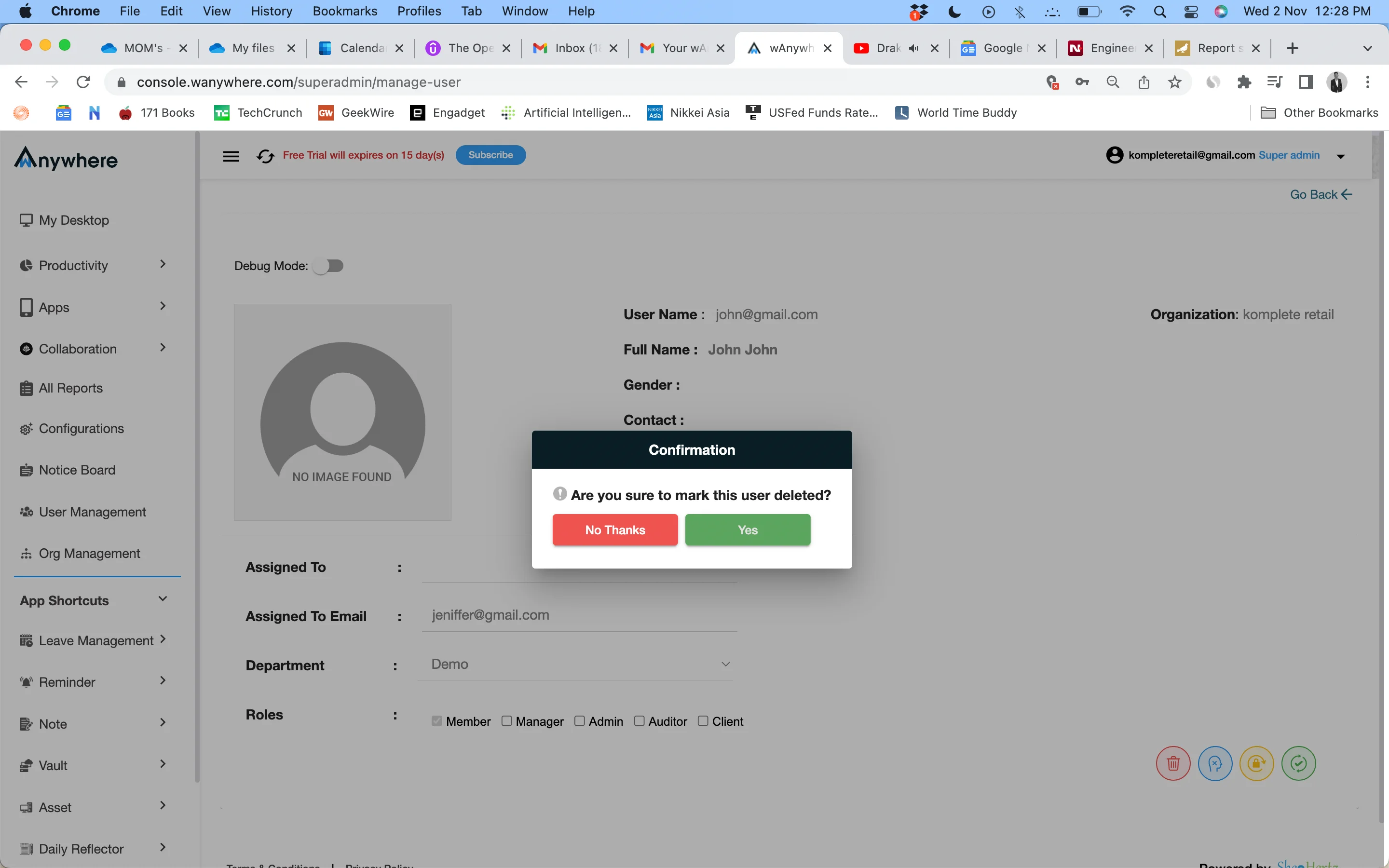 User Delete Confirmation