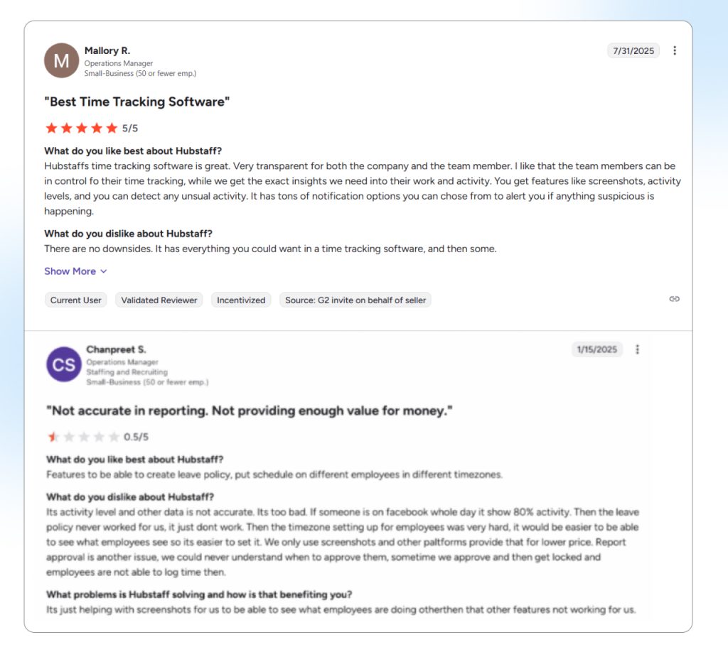 User reviews and feedback on Hubstaff time tracking tool