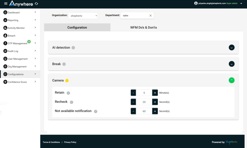 camera for facial registration and training